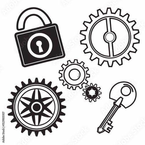 Gears key lock security mechanism system concept illustration