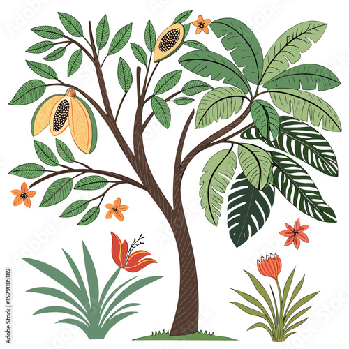 Tropical paradise tree with papaya and exotic flowers