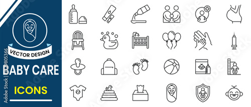 Baby care icon, Child care line icon vector set. International children day icons with kid rights, girl, boy, swing, chair, changing table, ball, diaper, milk bottle and more. Vector illustration.