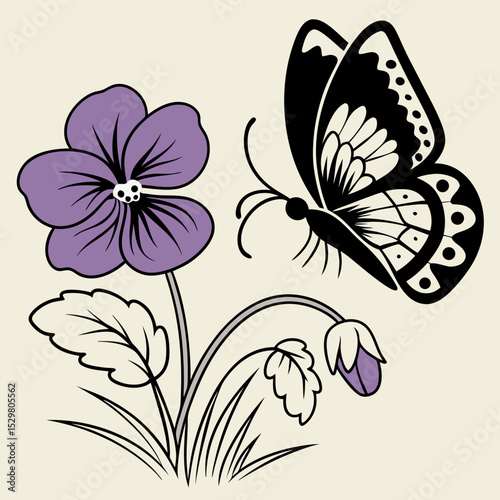 Elegant butterfly and pansy flower design botanical illustration