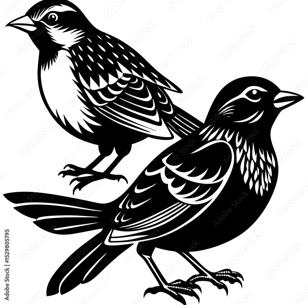 Obraz premium Black raven or sparrow birds on a tree branch vector illustration silhouette