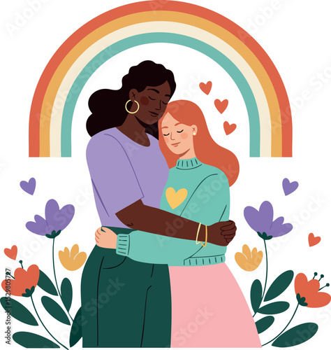Two women embracing under rainbow with floral elements and hearts illustration 