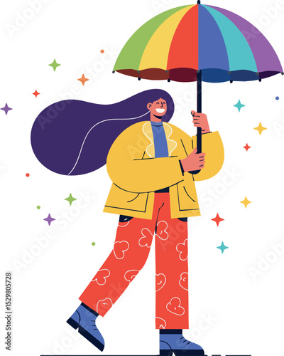 Woman walking with colorful rainbow umbrella and casual clothes vector illustration 