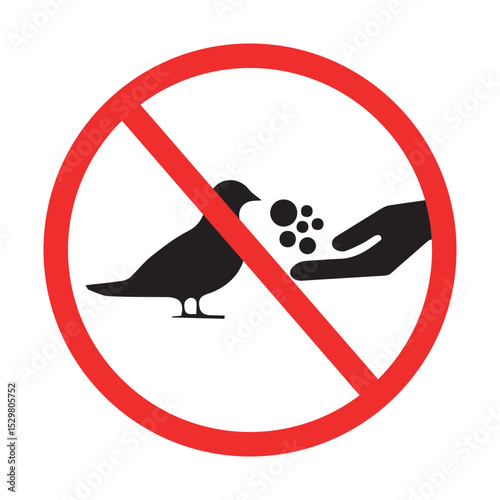 prohibition sign indicating no feeding birds with hand and food in red circle, safety warning symbol

