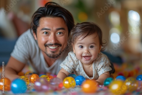 A father shares a joyful moment with his smiling baby on a colorful play mat, surrounded by vivid balls, capturing the joy of family bonding and childhood innocence.