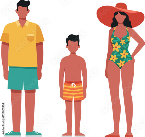 Family in summer swimwear standing together wearing hat and shorts vector illustration 