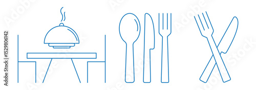 Catering thin line icon set. Containing fork, spoon, knife, plate, food, dining table icon. Cutlery or tableware in restaurant. Cutlery vector icon . 