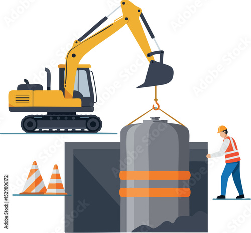 Construction worker operating yellow excavator lifting heavy tank at site vector illustration 