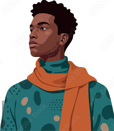 Young man wearing teal sweater and orange scarf looking sideways portrait vector illustration 