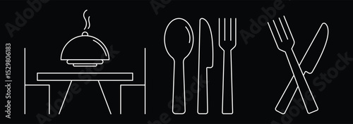 Catering thin line icon set. Containing fork, spoon, knife, plate, food, dining table icon. Cutlery or tableware in restaurant. Cutlery vector icon . 