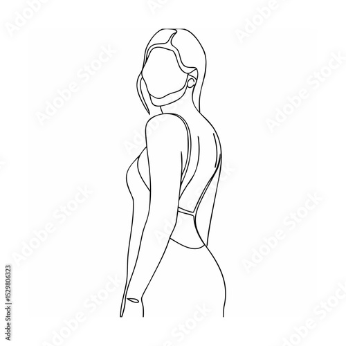 Elegant line drawing depicting a woman in a stylish dress looking over her shoulder