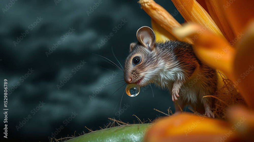 Obraz premium Small Brown Mouse on Sunflower Petals Closeup
