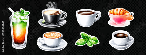 Coffee Shop Stickers Watercolor-Style Illustrations of Coffee, Latte, Cappuccino, and More