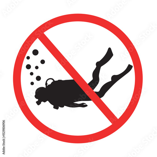 prohibition sign indicating no scuba diving with diver and bubbles in red circle, safety warning symbol