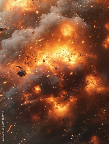with fire, smoke, and slow-motion debris in a dramatic explosion