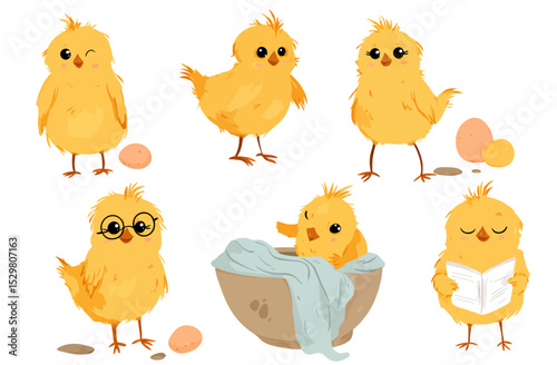 Adorable Baby Chicks Illustration Set Cute Cartoon Chicken Characters for Design Projects