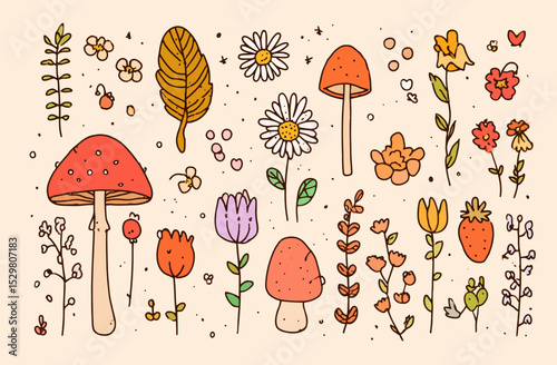 Cute Cottagecore Floral and Mushroom Illustration Set Hand-Drawn Elements for Design