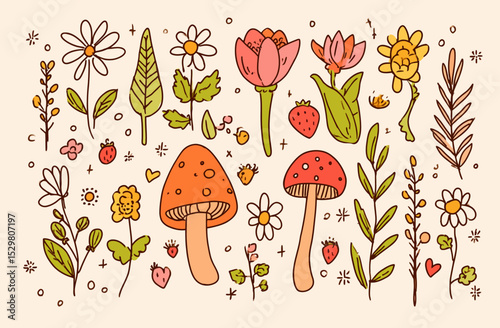 Cute Cottagecore Floral and Mushroom Illustrations Hand-Drawn Elements for Design Projects