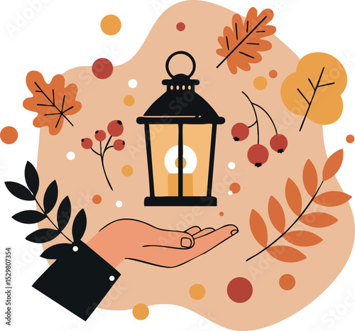 Hand holding autumn lantern with fall leaves and berries vector illustration 