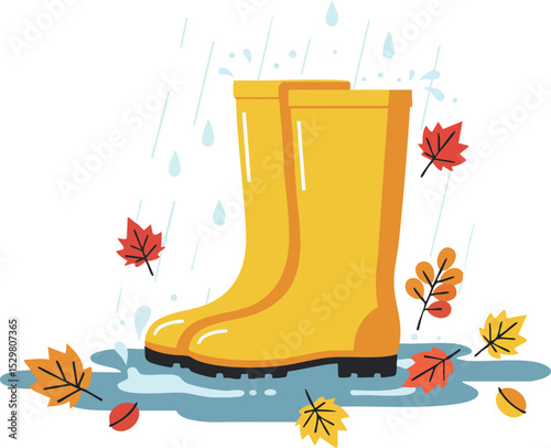 Yellow Rain Boots with Autumn Leaves and Rain Drops Vector Illustration