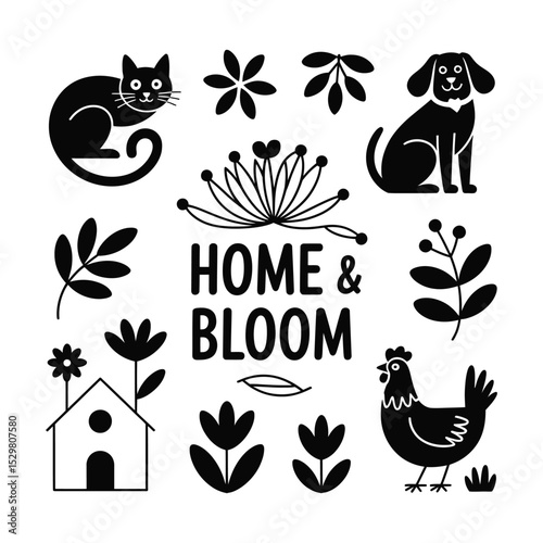 Home and Bloom Vector Set – Cute Cat, Dog, Chicken, House & Floral Elements in Black Silhouette Style