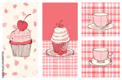 Hand-Drawn Vintage Cupcakes and Teacups Pink Gingham Pattern Set
