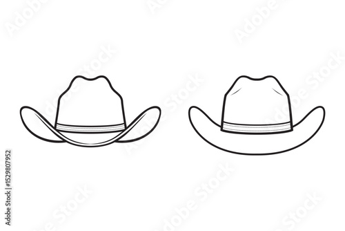 Detailed black and white technical line drawing of a cowboy hat viewed from front and back. The illustration highlights the structured crown, wide curved brim, stitched hatband, and classic.