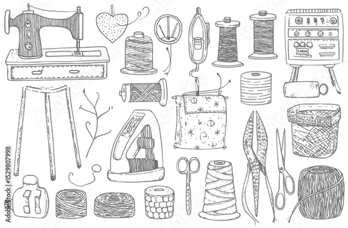 Hand-Drawn Sewing Doodle Set Outline Illustrations of Sewing Machine, Thread, Scissors & More