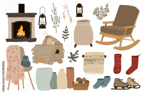 Cozy Winter Hygge Elements Vintage Illustration Set