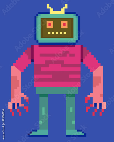 The once flat pixels on the screen now form the bulging body and twisted limbs of the monstrous being.. Vector illustration