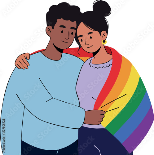 Couple hugging with rainbow pride flag symbolizing love and support in diverse relationships 