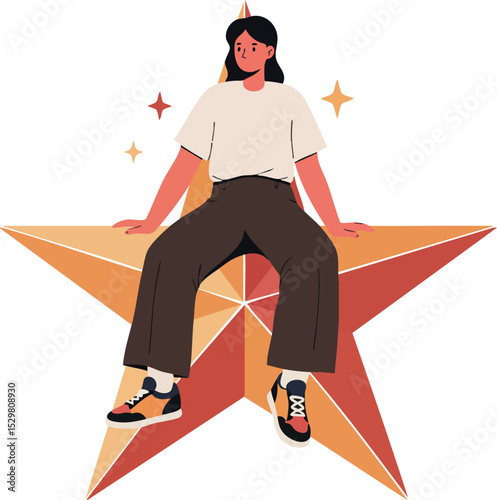 Young woman sitting on large orange star with casual outfit and sneakers vector illustration 