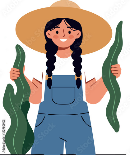 Female Farmer Holding Green Vegetables Wearing Wide Brim Hat and Blue Overalls Vector Illustration 