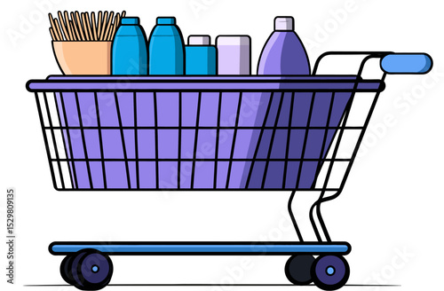 Full Shopping Cart of Groceries and Household Items 3D Illustration