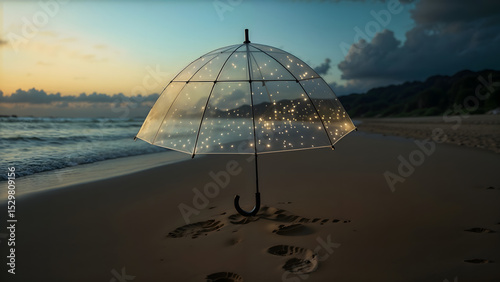 transparent umbrella with lights, dreamy, on the beach at sunset, serene atmosphere, copy space
