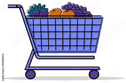 Colorful Illustration of a Shopping Cart Filled with Fresh Fruits