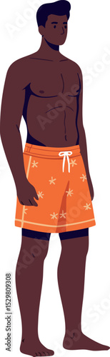 Dark skinned man wearing orange floral swim shorts standing barefoot vector illustration 