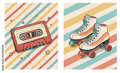 Naive drawing set of two vector images for retro decor: vintage cassette tape and roller skates from the 70s for nostalgic atmosphere