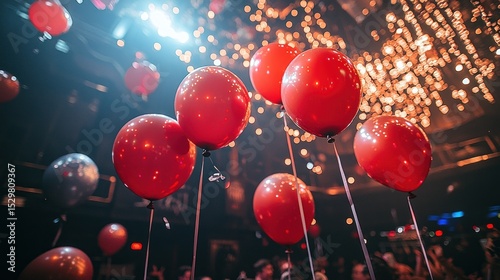 Red and silver balloons floating in a nightclub