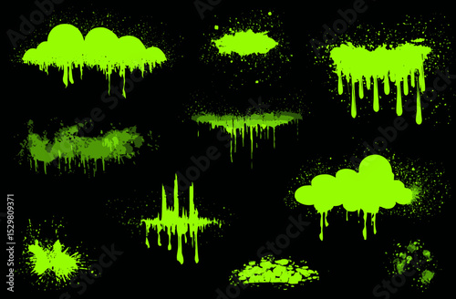 Neon Green Spray Paint Splatter and Drip Effects Digital Graphics Set
