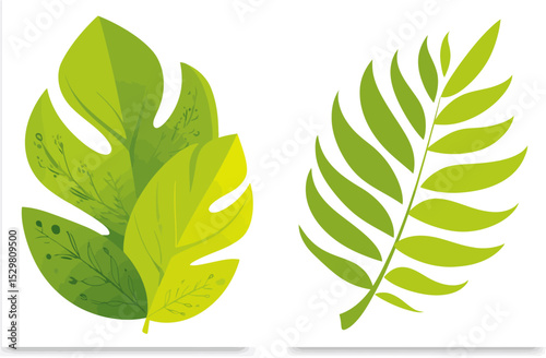 Two Abstract Hand-Drawn Leaves Green Leaf Illustrations for Design Projects