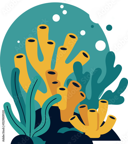 Yellow coral reef tube sponges surrounded by green seaweed underwater vector illustration 