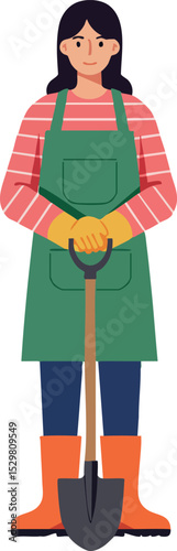 Female Gardener Wearing Green Apron Holding Spade Standing Illustration 