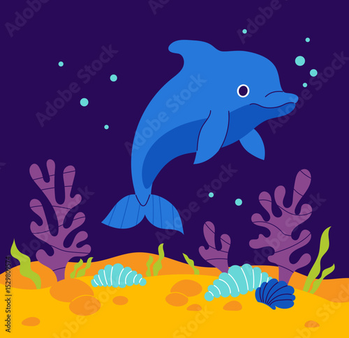 Cute Dolphin with algae, shell, coral and seabed on dark blue background. Vector illustration