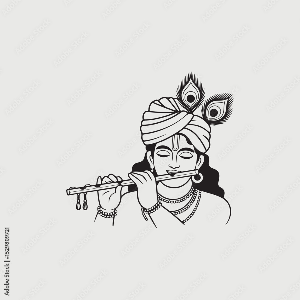 Fototapeta premium Krishna artwork with flute and peacock feather in traditional indian black and white religious vector design