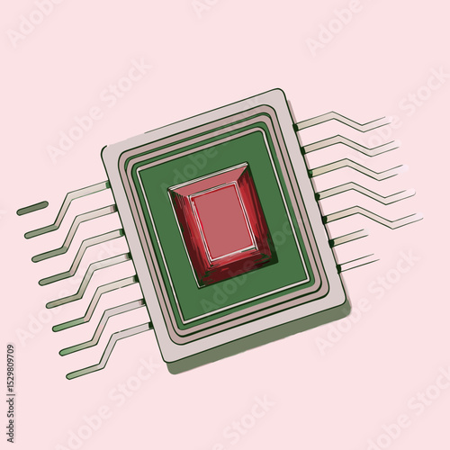 Illustration of a computer chip with a square red center