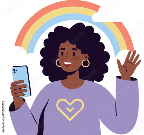 Young woman with afro hairstyle waving while taking selfie with rainbow background vector illustration 