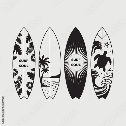 Surfboard collection with tropical beach wave turtle and floral designs in black and white summer illustration style

