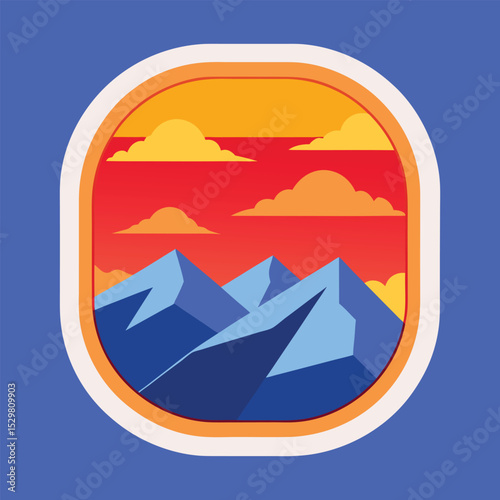 Mountain range landscape in retro oval frame at sunset illustration