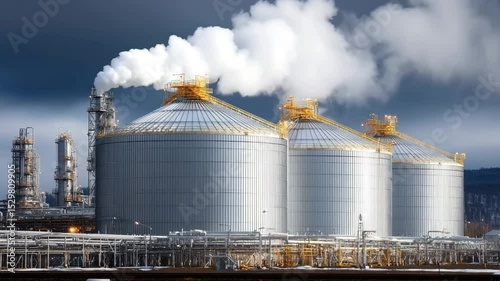 Industrial storage tanks with smoke stacks.